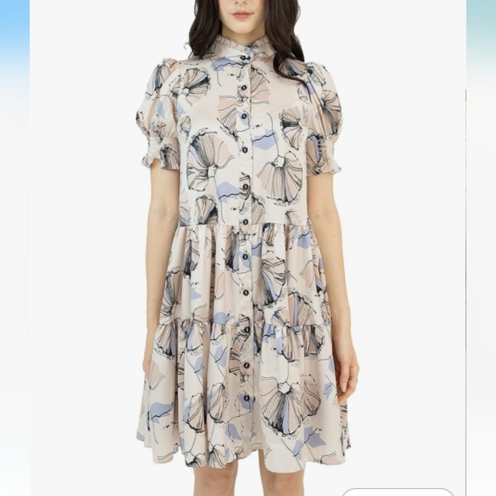 SixDo Beige Floral Print Puff Sleve Button-Down Satin Dress Size XL NWT